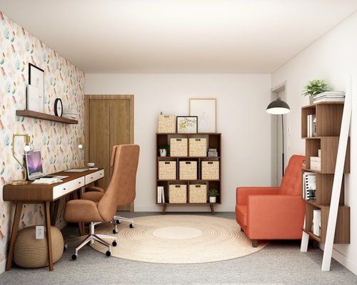 An organized home office layout featuring ergonomic accessories and abundant natural light